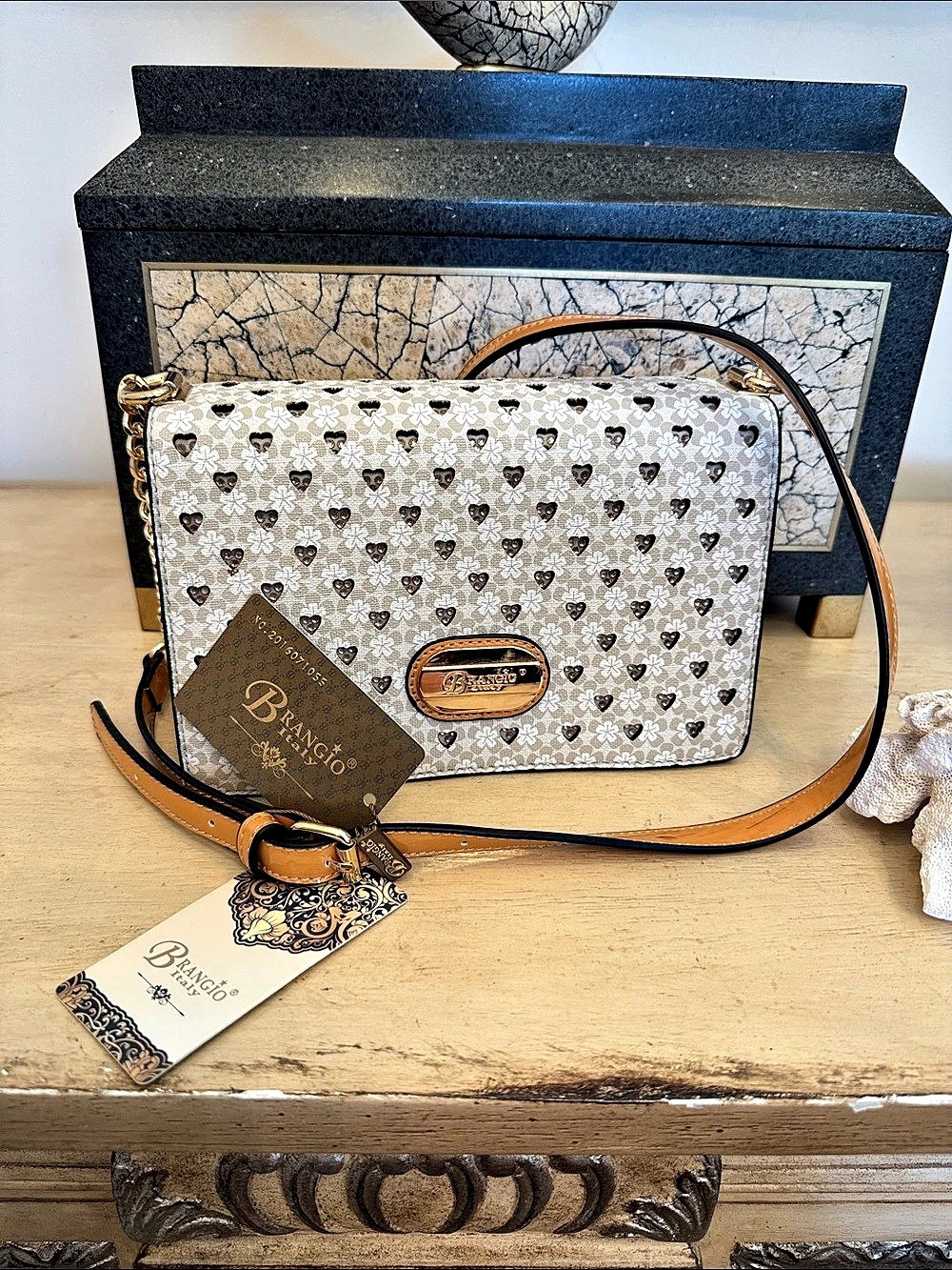 NWT! Brangio Italy Ivory Floral and Heart Crossbody